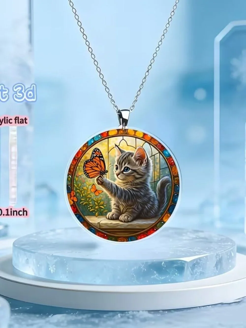 Round Acrylic KITTY CAT Pendant Necklace